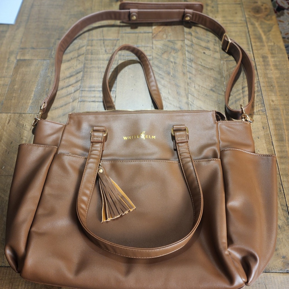 White Elm Aquila Tote Bag Brown Vegan Leather Laptop Diaper Bag Gold Hardware
